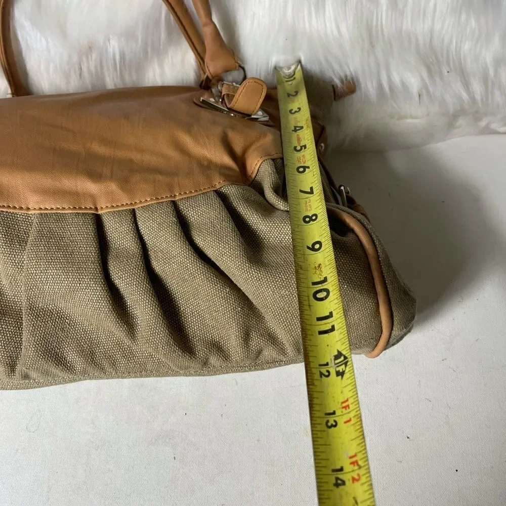 Cato canvas khaki & tan faux leather satchel  with silver tone hardwares .